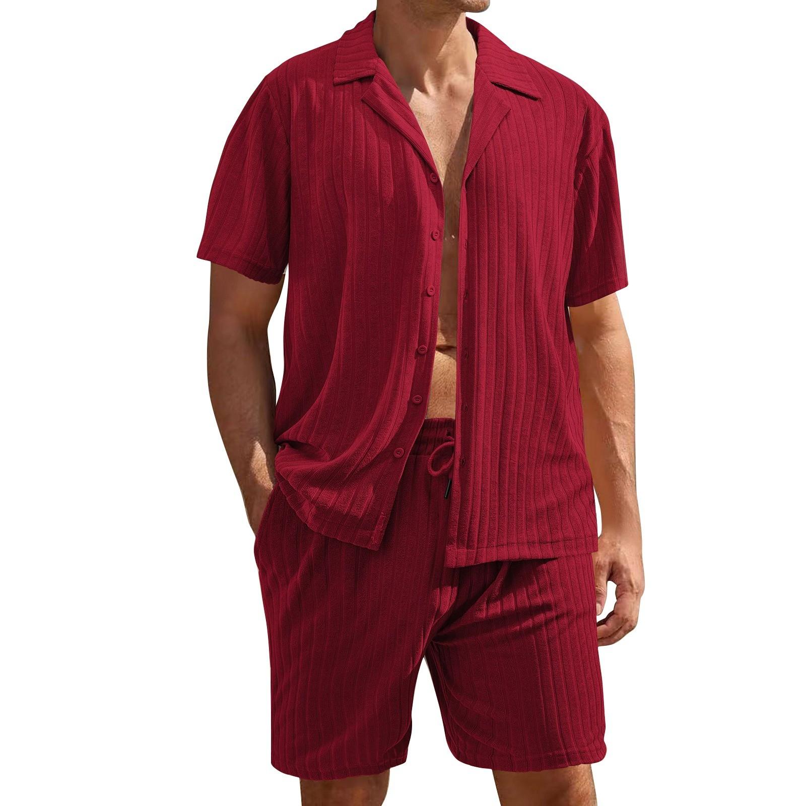 

Мужская однотонная полосатая рубашка с коротким рукавом и застежкой на пуговицы в винтажном стиле с лацканами L винный