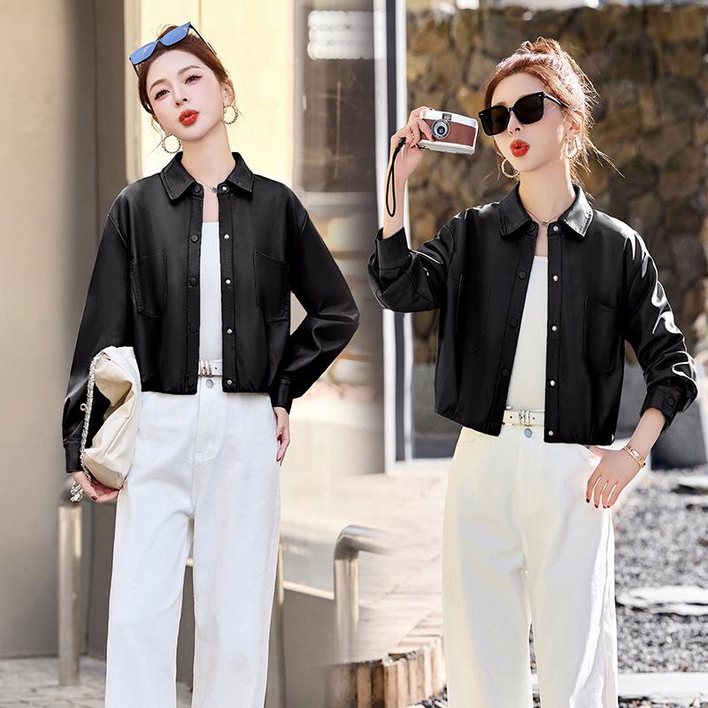 2025 Spring Women's Solid Color Loose Lapel PU Leather Jacket
