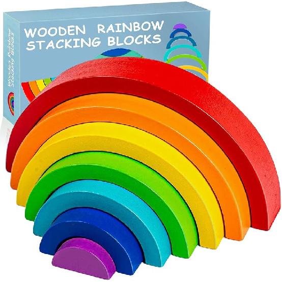 Wooden Rainbow Stacking Toy, Wood Stacker Arch Game, Montessori Arch Bridge Rainbow Building Blocks, Colorful Stacking Blocks Puzzles for Kids 2 3 4 Rainbow