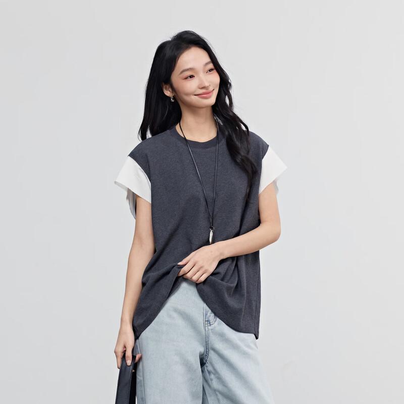 Elva' Island Women's Contrast Panel Faux Two-piece T-shirt