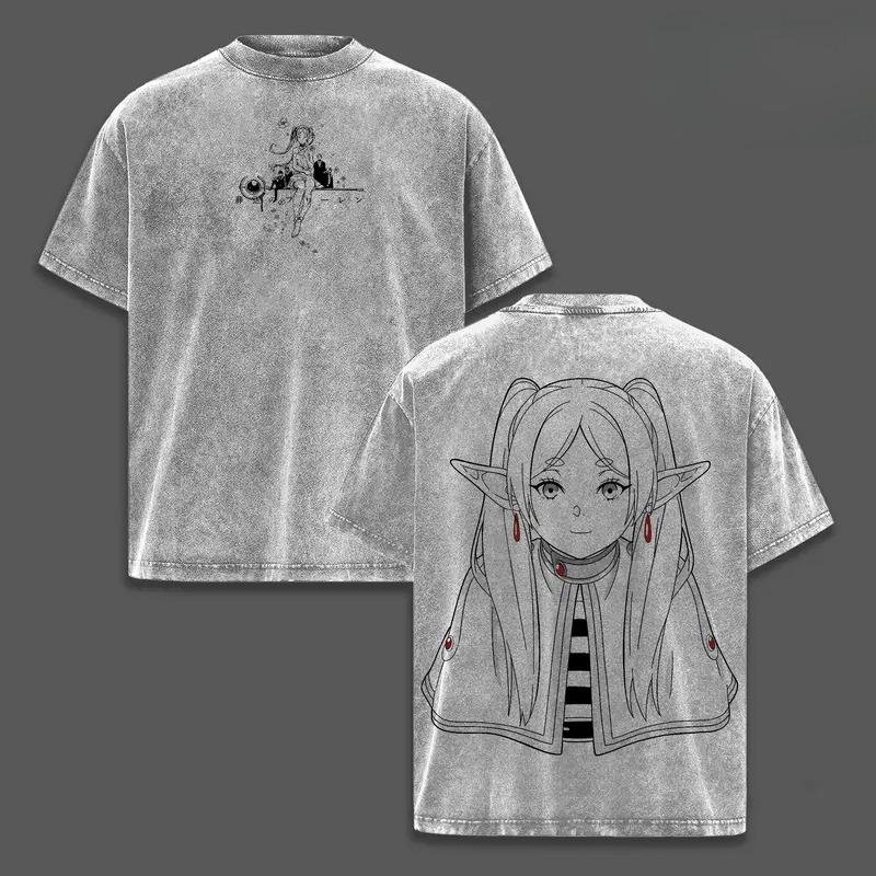 Frieren Beyond Journey's End Clothing Men Women Manga T-shirts Vintage Washed T Shirt Casual Cotton Tee Harajuku Unisex Tshirt