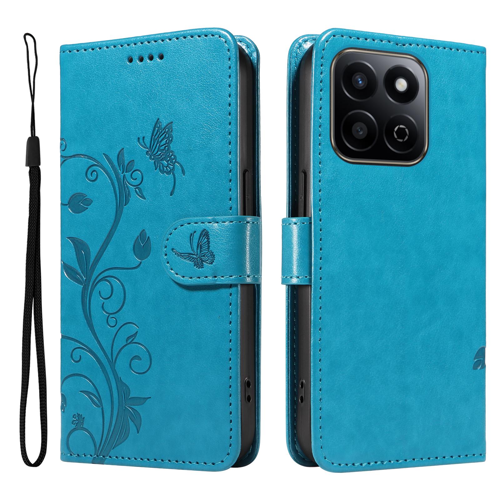 

For Honor Play 60 Plus 5G/Play 9T/X7c 4G/200 Smart 5G PU Leather Cases Flower Pattern Wallet Stand Phone Cover with Strap Blue