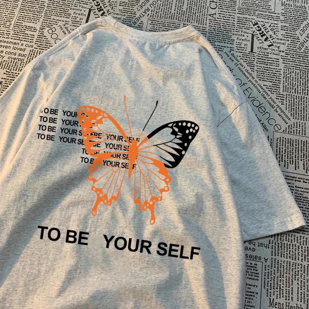 To Be Yourself A Butterfly Tshirts Men Women Oversize Vintage Sweat T Shirts Loose Cotton T-Shirts Cartoon Summer Tee Clothes