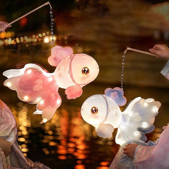 Kids Hands on Learning Toy DIY Mid Autumn Goldfish Lantern Kit for Kids, Handheld Glowing Fish Paper Lamp Handmade Material with LED Light Traditional