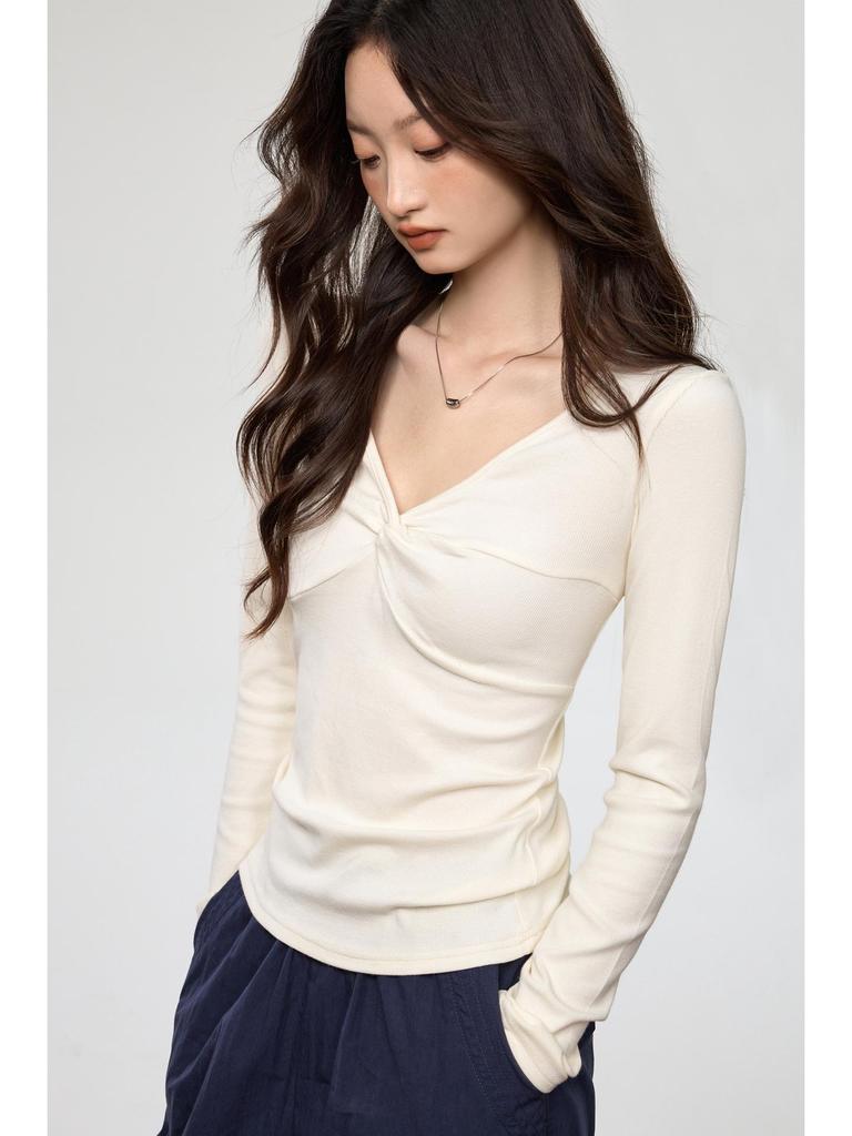 Yuke Seide Tief V-Ausschnitt Twist Langarm T-Shirt – Damen Herbstrot Top