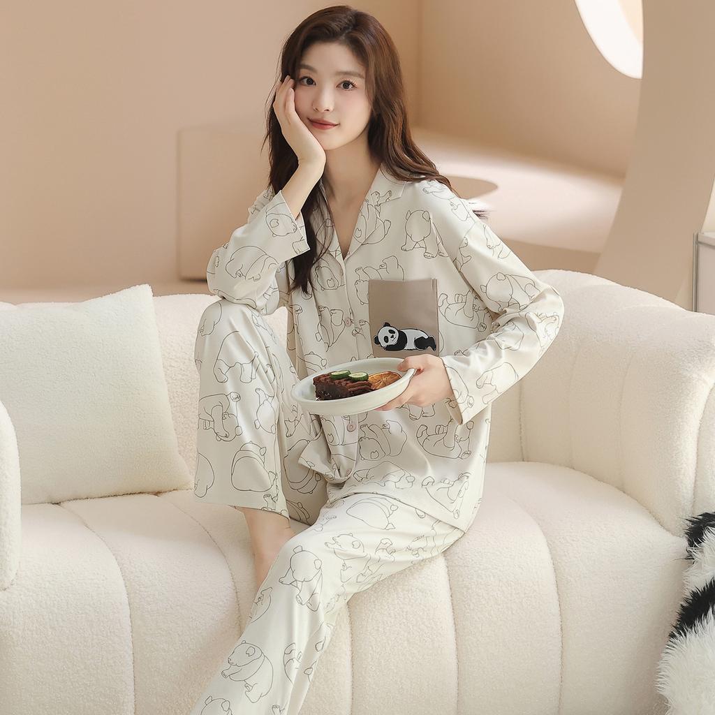 Pajamas Women's Pure Cotton Spring and Autumn 1011 New Women's Long-sleeved Pants Loungewear Korean Cotton Suit Can Be Worn Outside
