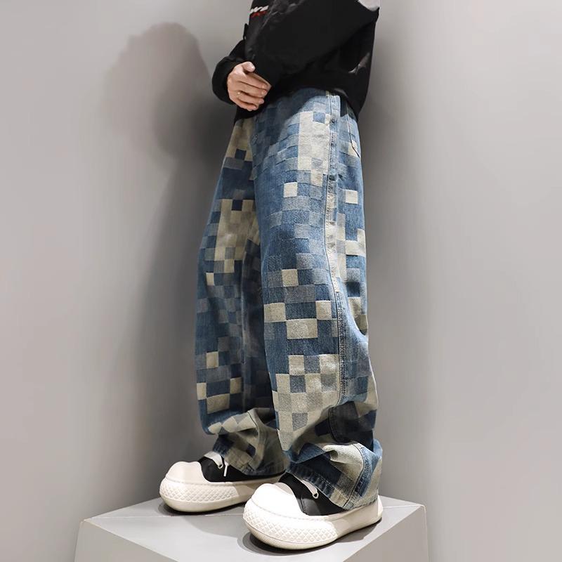 

Men s Patchwork Checkerboard Wide-Leg Jeans - Spring/Summer Streetwear Casual Pants L синій
