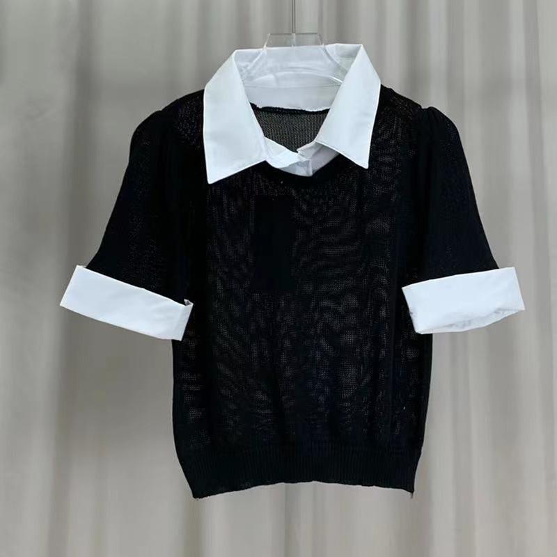 Summer Niche Ageing Knit Shirt Simple College Style Splicing Short-sleeved Tops Female Casual Essential Comfort and Style Slim Fit Pullovers Tees