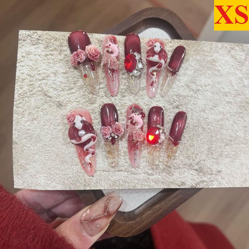 10Pcs Handmade Stiletto Nails Full Cover Lucky Snake Rhinestone Rose Wearable Artificial Almond Acrylic Manicure for Women&Girls