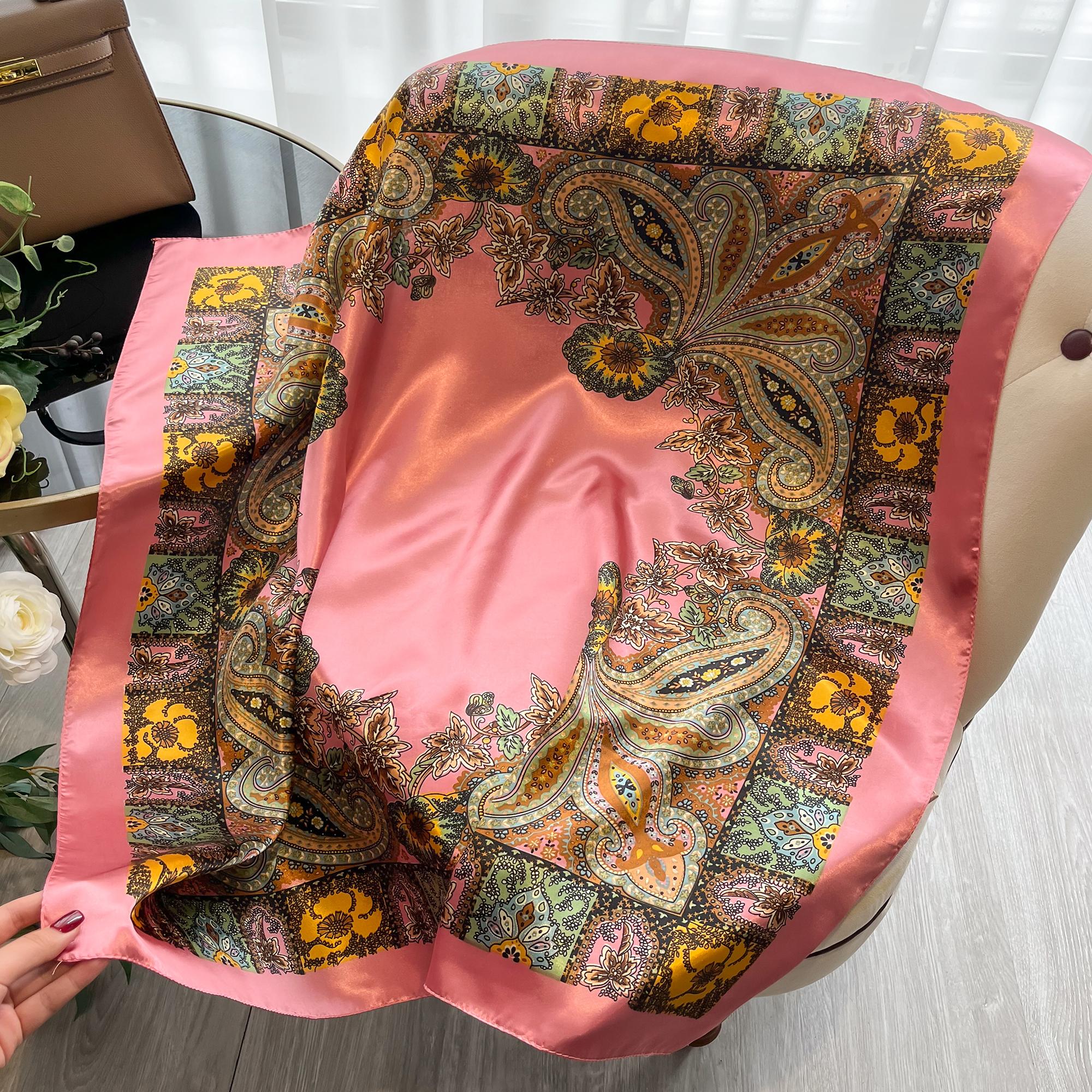 

New 90*90cm Women s Square Silk Satin Scarf Flower Printed Shawls Hijab Four Seasons Bandanna Scarves Accessories Hairband Scarf рожевий