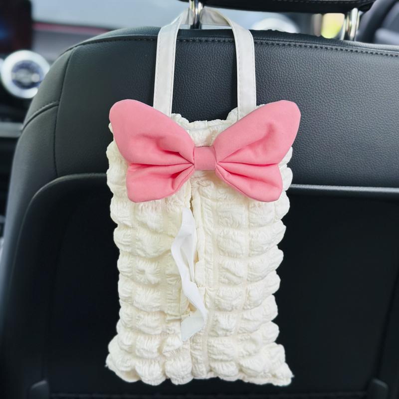 Cute Pink Bow Car Tissue Box Soft Puff Auto Seat Headrest Hanging Paper Tower Holder Organizer Bag Car Interior Accessories
