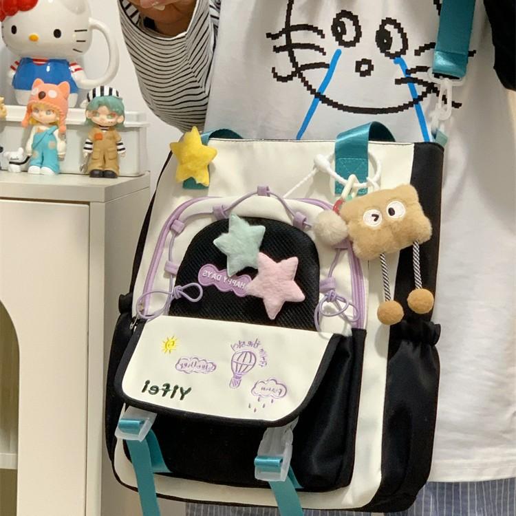 School Bag Cute Contrasting Color Small Fresh Messenger Bag Japanese College Style Sweet Large Capacity Tote Bag Student Class Tutoring Bag