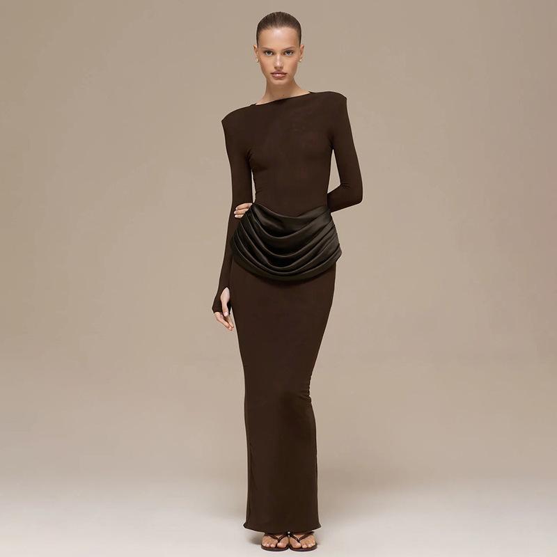 Elegant Women's Slim-Fit Ruched Long Dress - Autumn/Winter Collection