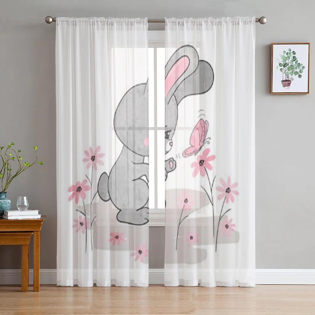 Hase Kaninchen mit Blumen Aquarell durchsichtiger Vorhang für Wohnzimmer moderne Voile Tüll Fenstervorhänge für Schlafzimmer Küche Vorhänge
