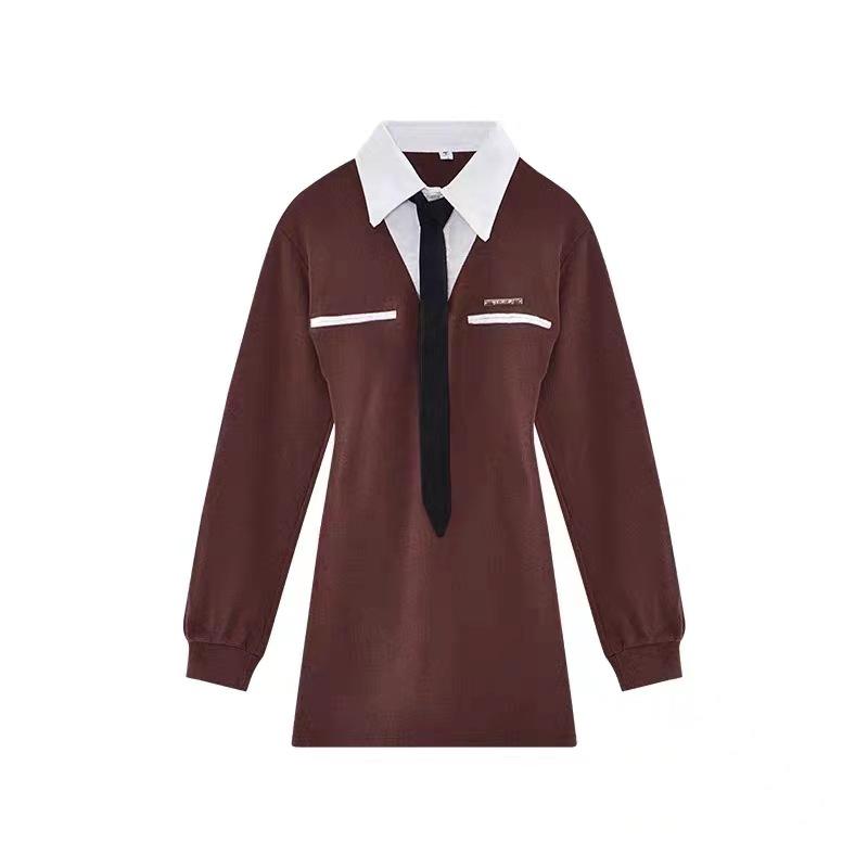 College C-position High Waist Lapel Fake Two-piece Shirt Hip-wrapped Short Skirt Set Early Autumn Long-sleeved Splicing Dress
