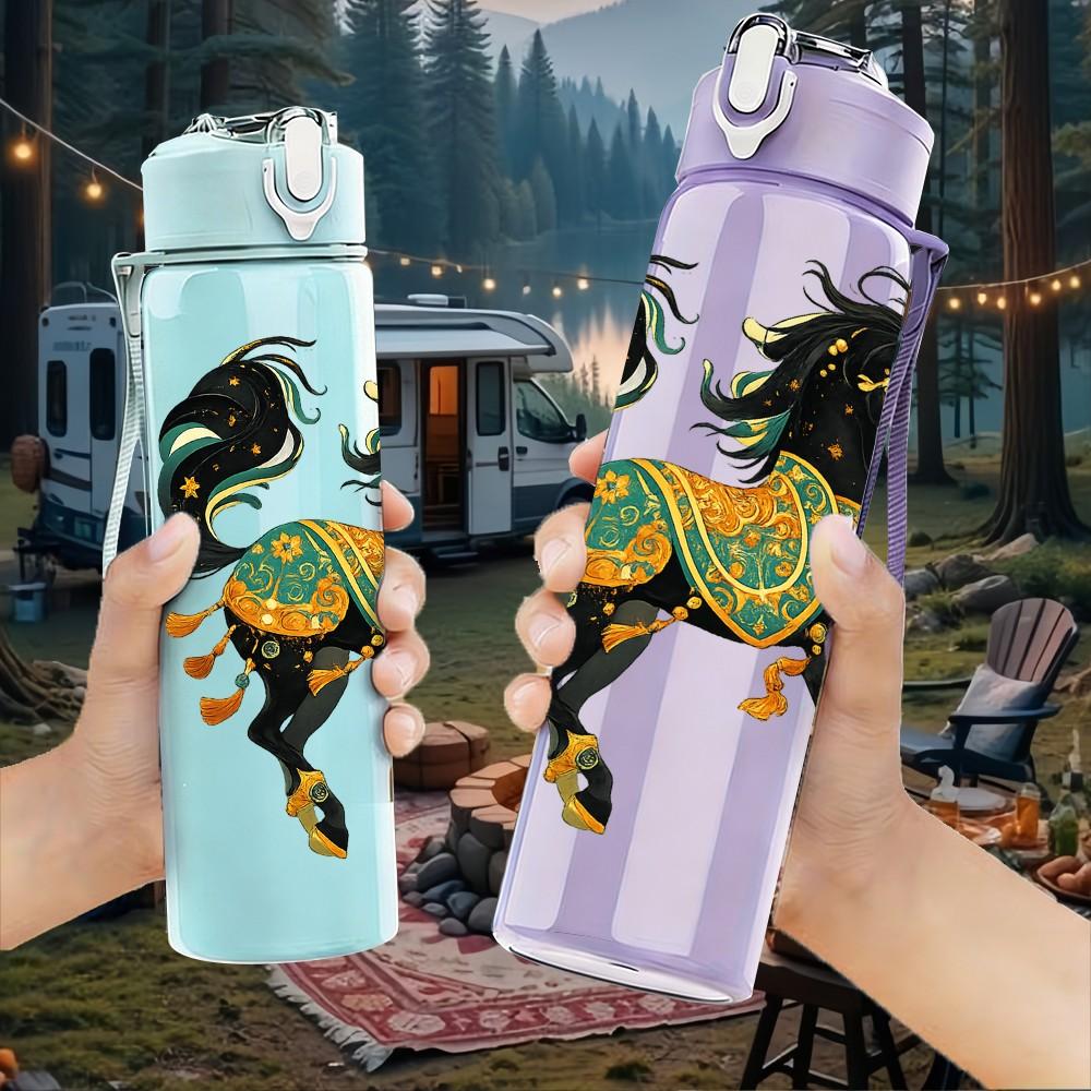 1PC Decorated Folk Horse Art Print 750ml Color Plastic Sports Water Bottle Leakproof Flip Straw Lid Suitable for Sports Office Home Use