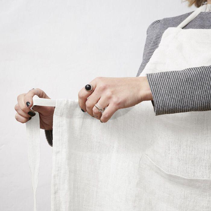 Tablier Ajustable - SOLINE - 70 X 85 Cm - 100% Lin Lavé - Blanc - Poche Pratique