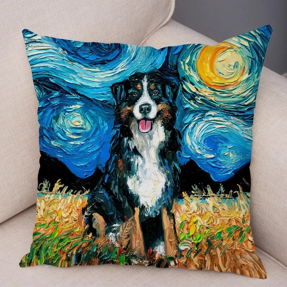 Colorful Oil Painting Pet Animal Pillowcase Starry Sky Art Cartoon Dog Cushion Cover Decorative Sofa