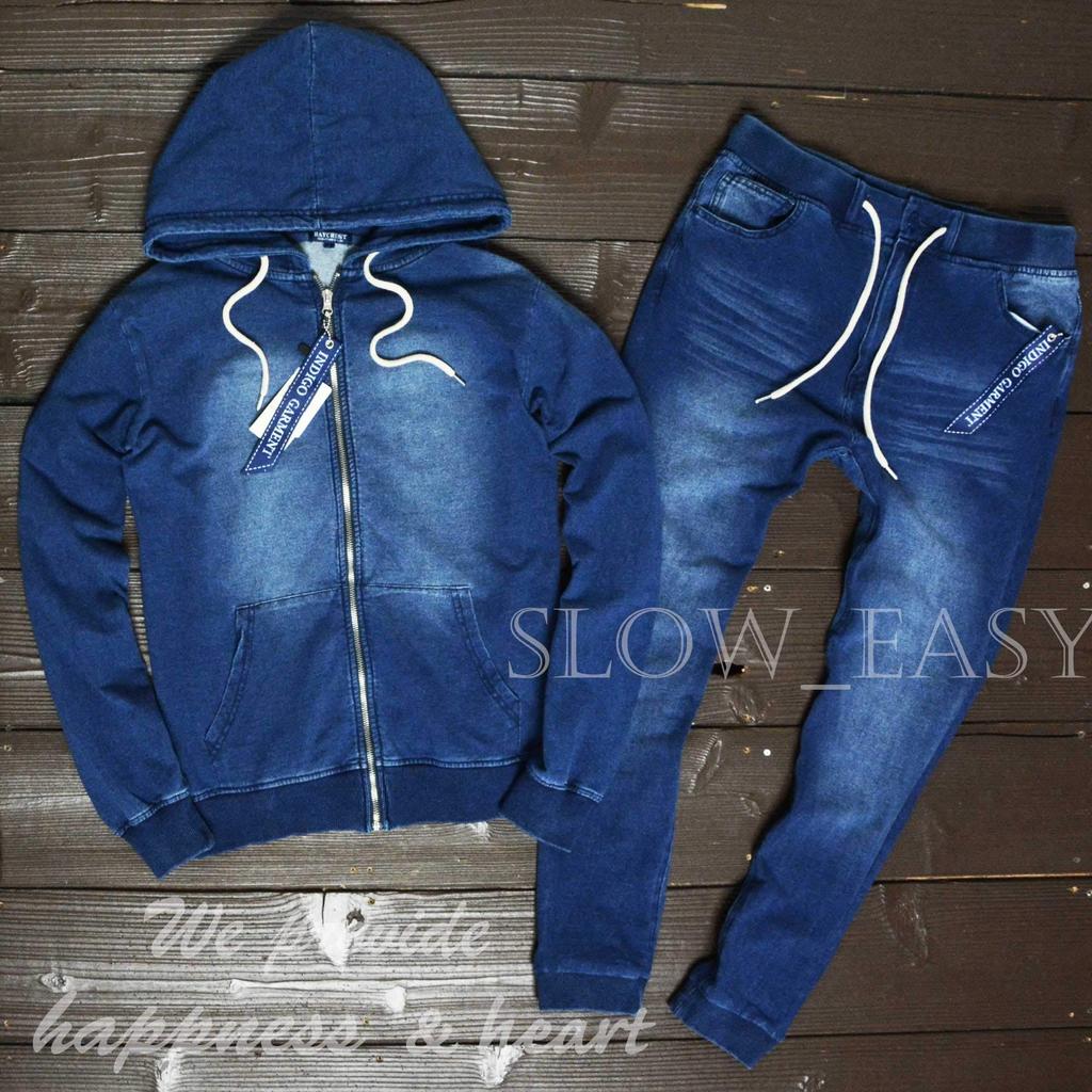 Cut Denim Set with Zip Hoodie and Jogger Pants and Sporty Top and Bottom Cut and Sewn Sweatshirt 26128 Size [slow&easy] (Casual Fashion) - Set,
