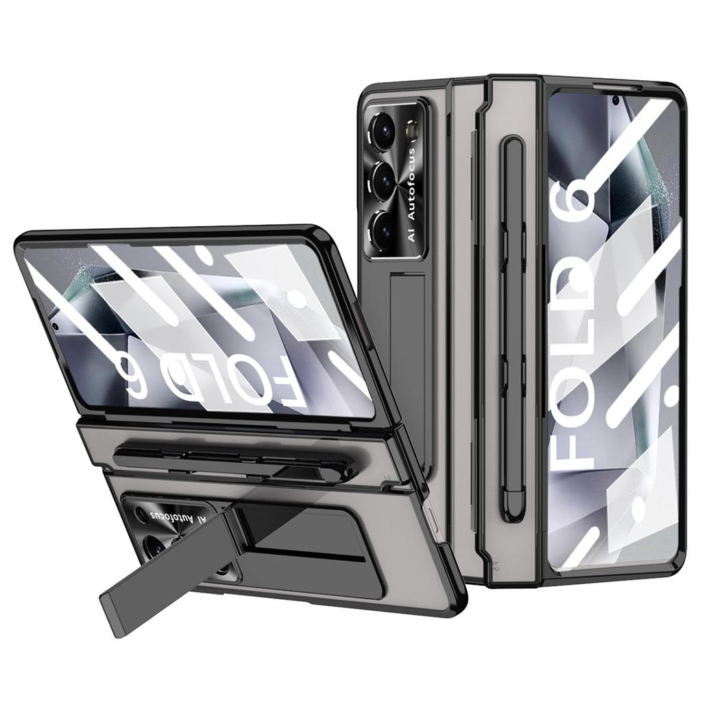 For Samsung Galaxy Z Fold6 5G Kickstand Phone Case PC Folding Cover with Tempered Glass Film+Stylus Pen