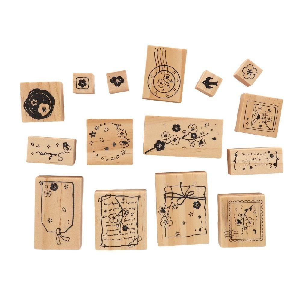 16pcs Delicate Carving Wooden Rubber Stamp Set Clear Imprint Rectangle Stamp Set  For DIY Crafts