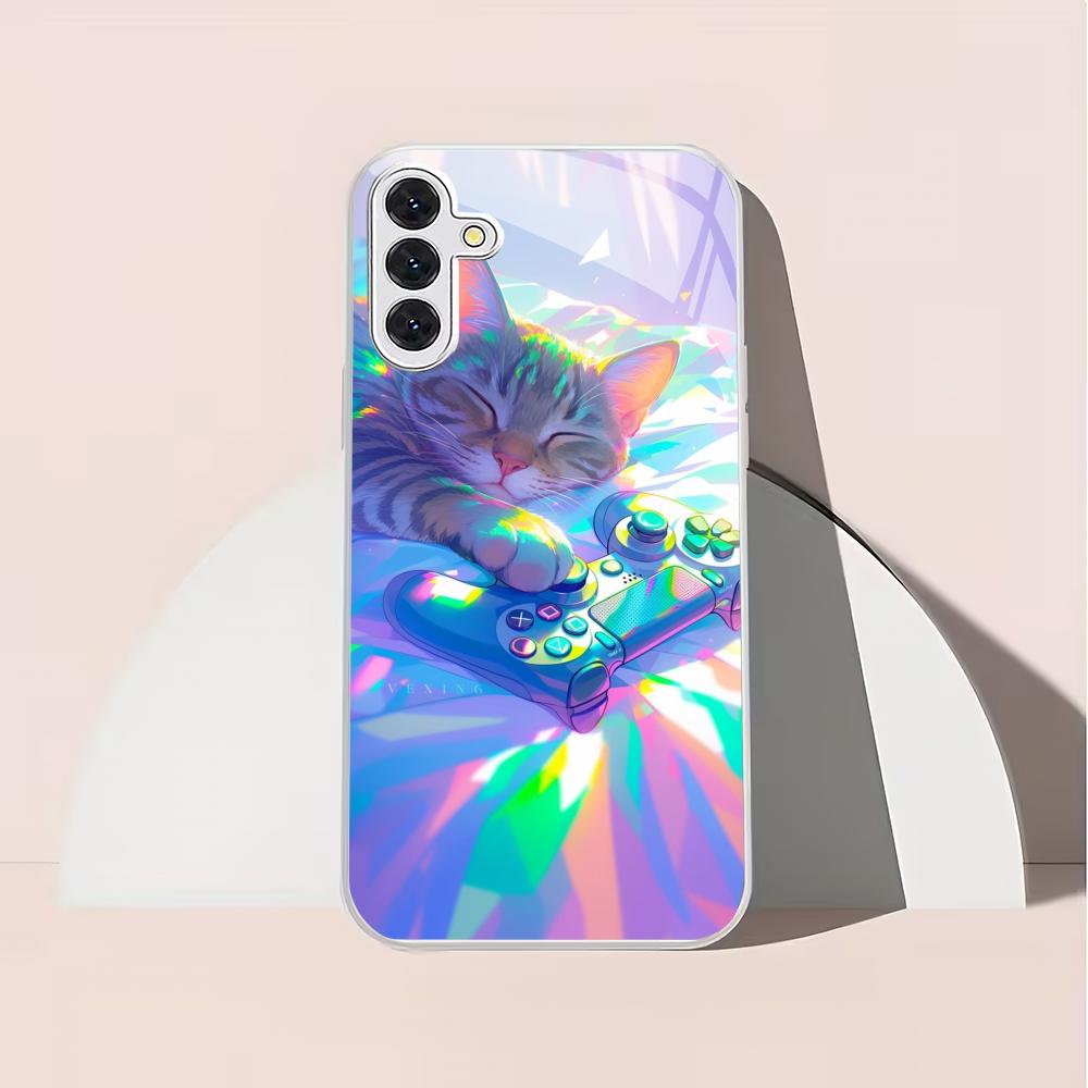 Colorful Cat Silver Plated Glass Phone Case Suitable for Samsung GalaxyS26 S25 S24 S22 S21 S20FE/Ultra/Plus Anti Fall Back Cover