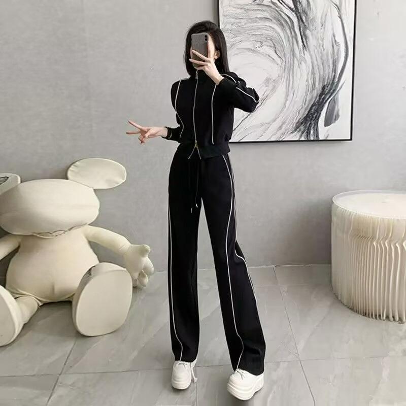 

Autumn and Winter Women s Sports Suits, The Trend Is Thin, Short Zipper Sweater Jacket, Women s Wide-leg Trousers, Two-piece Suit S чёрный