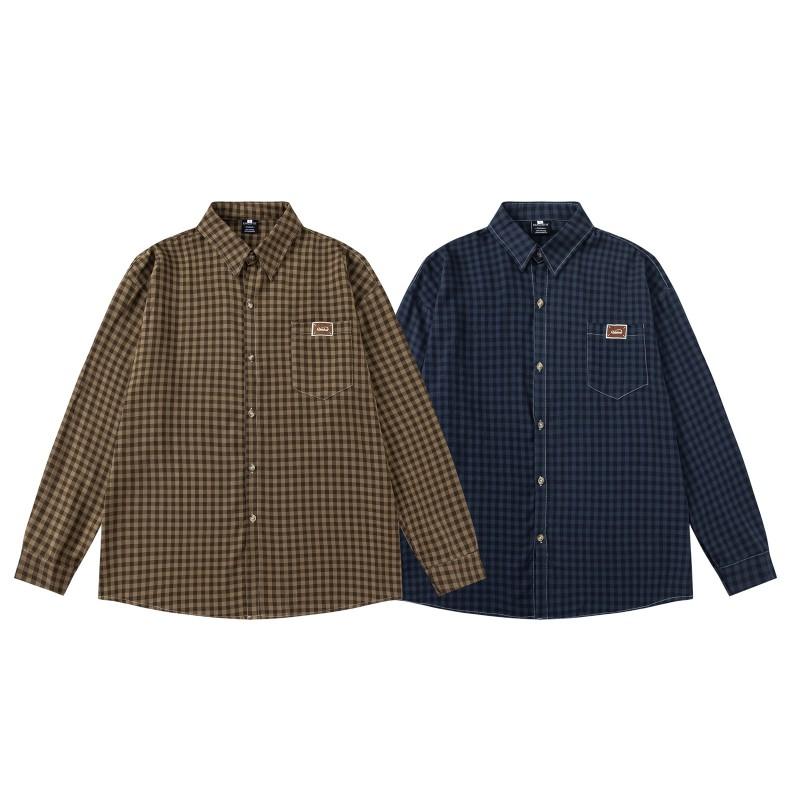 Japanese Style Plaid Shirt Men Women Loose Fit Casual Long Sleeve With Pocket