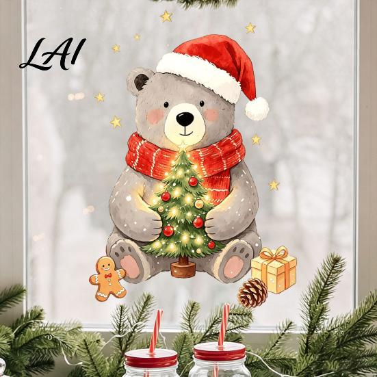 Christmas Bear Window Clings Static Clings Cute Holiday Glass Decals Waterproof PVC Gift for Kids Stickers Home Store Doors And Bathroom Decorations