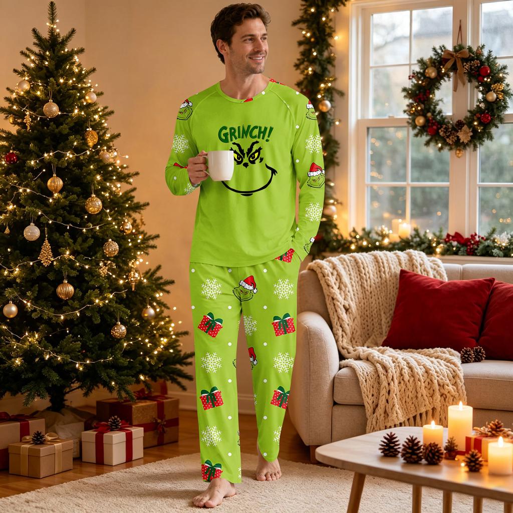 Men's Casual Neck Long Sleeve Top and Pants Pajama Set Comfortable Sleepwear