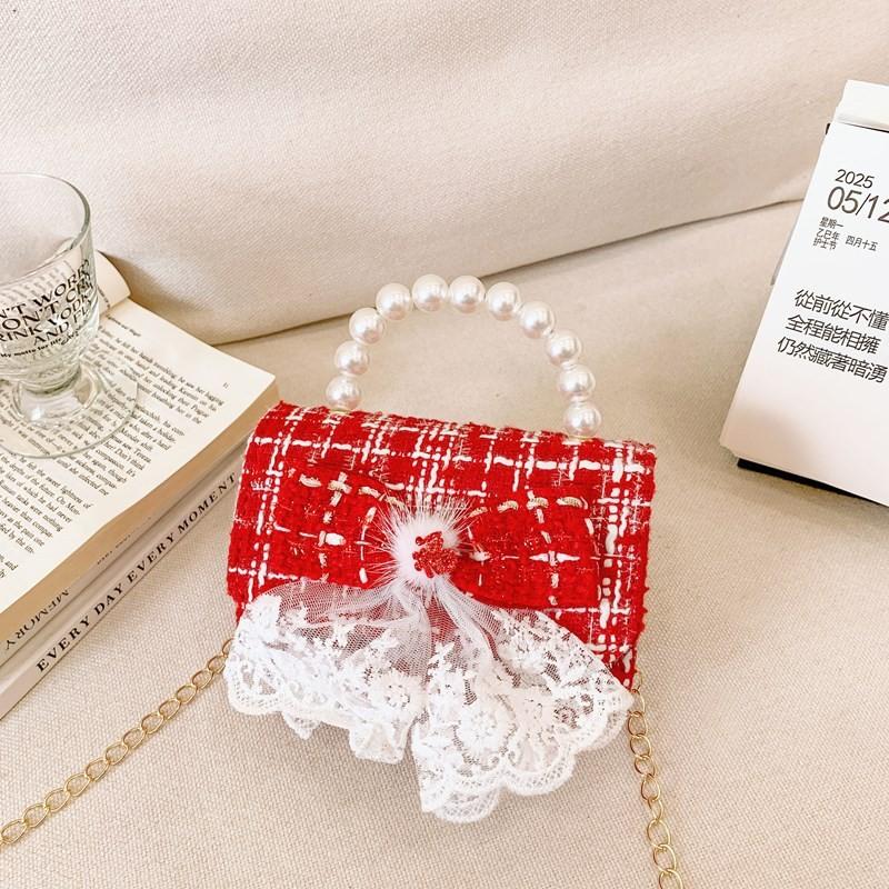 Red Adorable Pu Handbag For Kids Featuring Bow Design And Trendy Strap Chain
