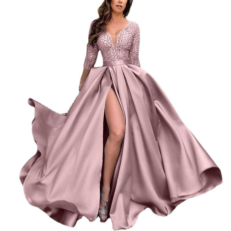 2025 Spring/Summer Women's European and American Lace Sequin Evening Gown with Train