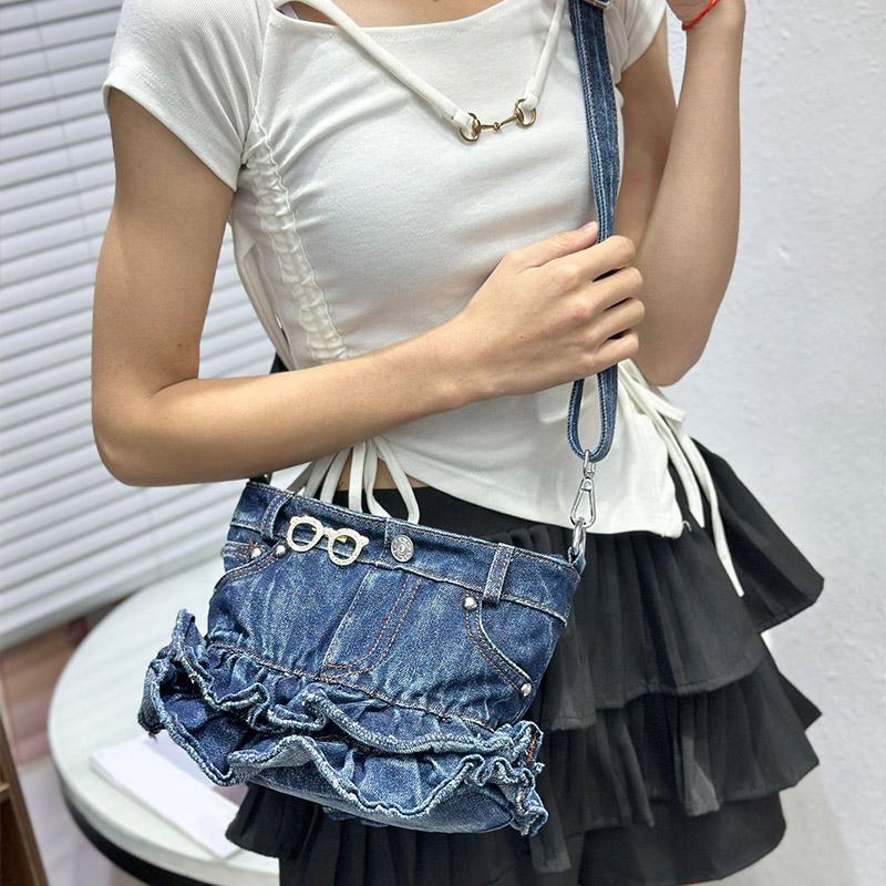 

Fashionable Skirt-style Denim Bag New Denim Canvas Bags Trendy And Simple Shoulder Bags Ruffled Skirt-hem Women s Crossbody Bags 26x10x18cm светло-синий