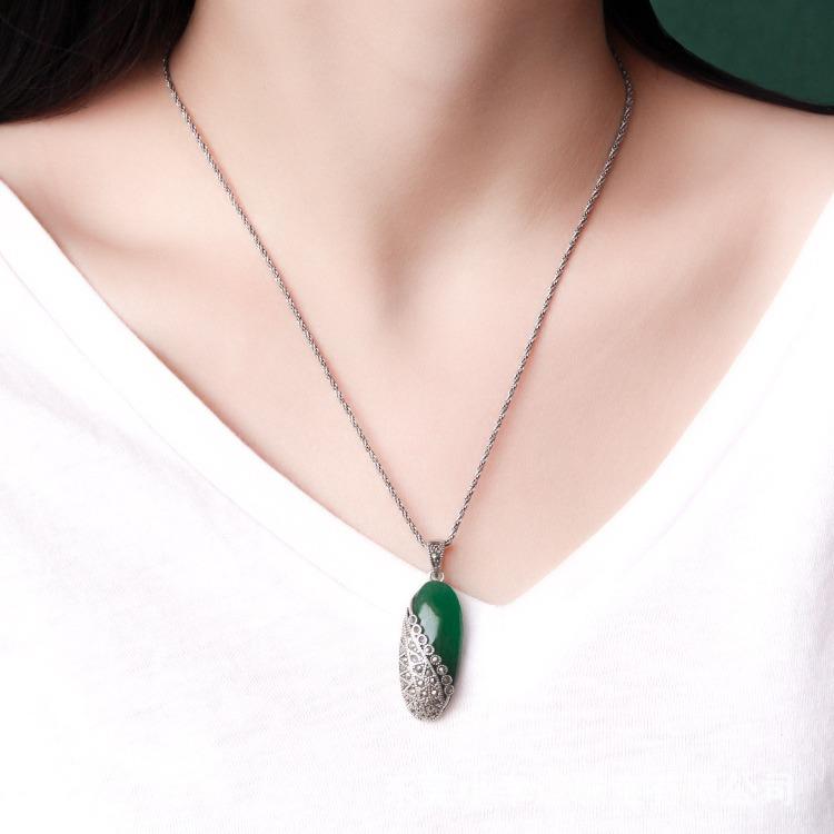 Jade Angel S925 Sterling Silver Chalcedony Cat's Eye Ethnic Retro Pendant Necklace