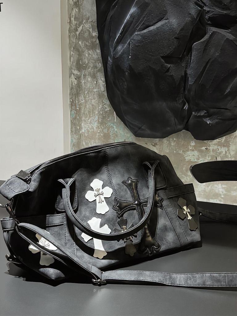 2025 Little Red Book Chrome Hearts Black & White Patchwork Travel Bag with Roman Metal Cross Shoulder Strap