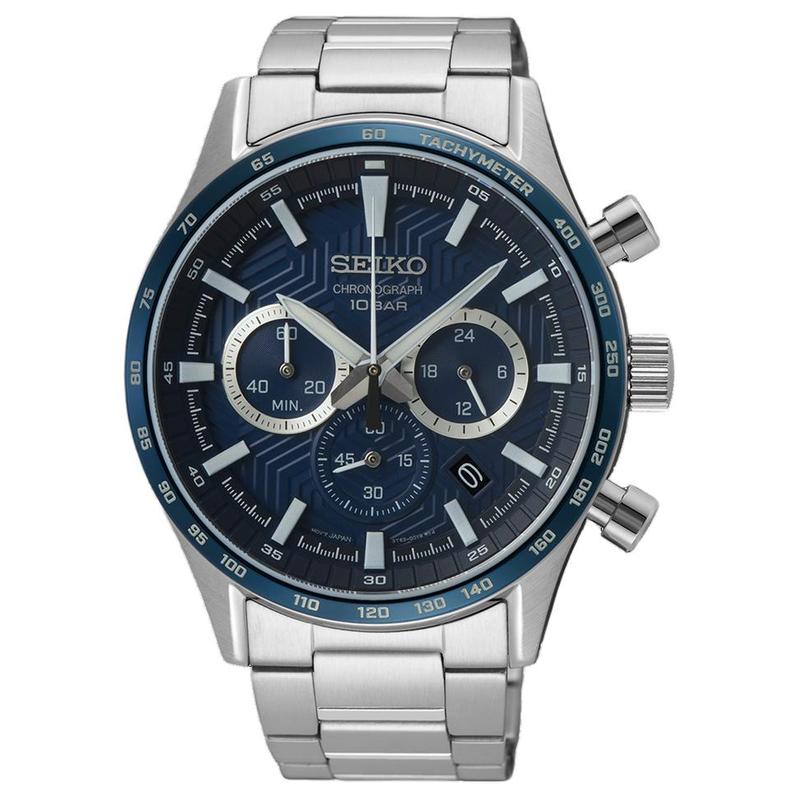 

SEIKO 100 meters waterproof Quartz Steel Strap 43mm men s watch blue dial SSB445P1 синій