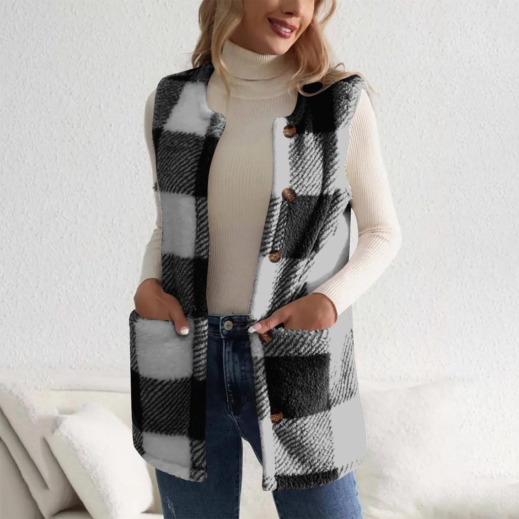 Fashionable Women's Plaid Print Double-Sided Plush Button Pocket Cardigan Casual Female Vest