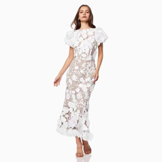 Women Fishtail Dress Round Neck Puff Short Sleeve Embroidered 3D Flower Decor Midi Dress Hip Wrapped Long Dress