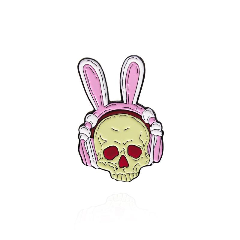 Pink Skull Crown Brooch with Cute Rabbit Ear Headset