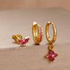 3PCS Rose Red Cubic Zircon Stainless Steel Hoop Earrings Set 18K Gold Plated Huggie Pendant Piercing Earring Women's Jewelry