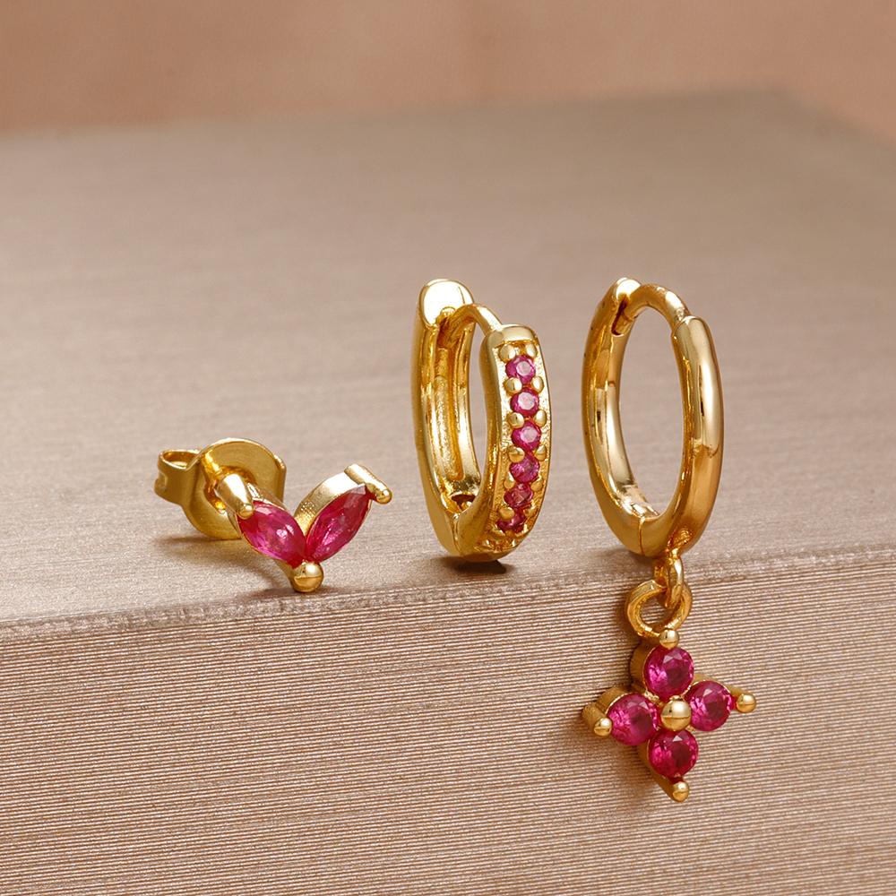 3PCS Rose Red Cubic Zircon Stainless Steel Hoop Earrings Set 18K Gold Plated Huggie Pendant Piercing Earring Women's Jewelry