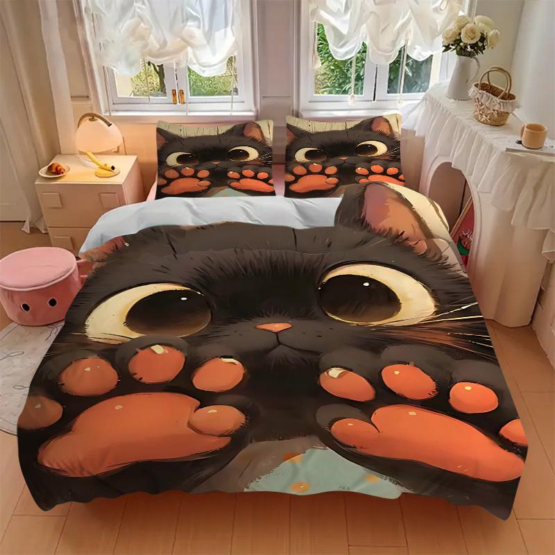 3pcs Anime Cat Comforter Set with One Quilt Cover and Two Pillowcases (No Core), Home Decor, Festival Gift, Polyester Fabric, Anime Cartoon Design