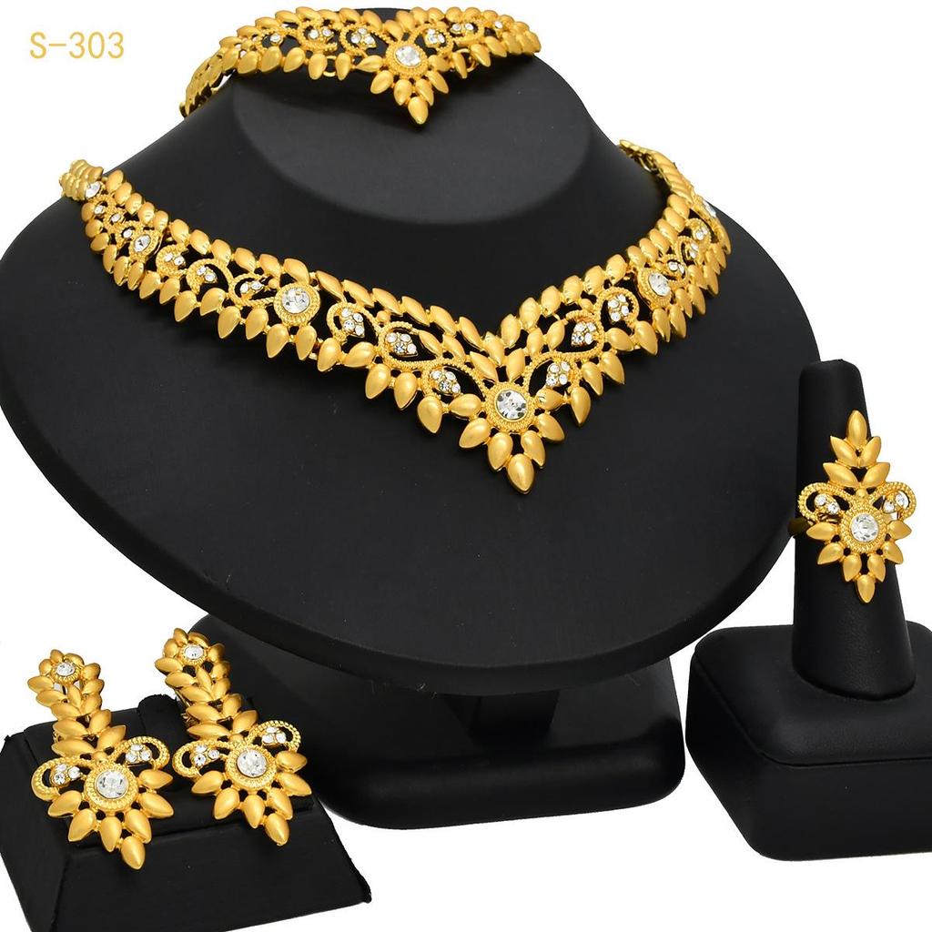 24K Gold-Plated Bridal Jewelry Set: Necklace & Earrings, Middle Eastern Wedding Style, Dubai Four-Piece Set