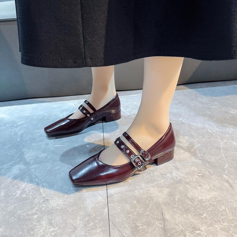 Fashion 2025 New Spring Autumn Women Double Buckle  Shoes Leather Square Head Square Heel Solid Color Women's Shoes