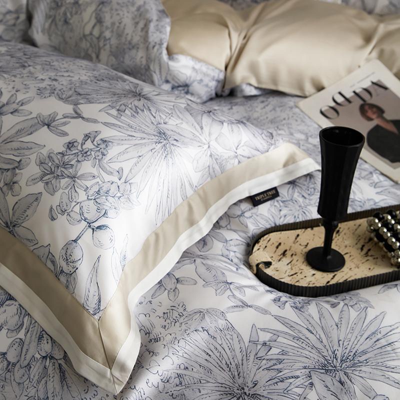 Floral Plant Print Color Blocking Bedding Set Lyocell Bamboo Fiber Soft Silky Duvet Cover Flat/Fitted Bed Sheet Pillowcases 4Pcs