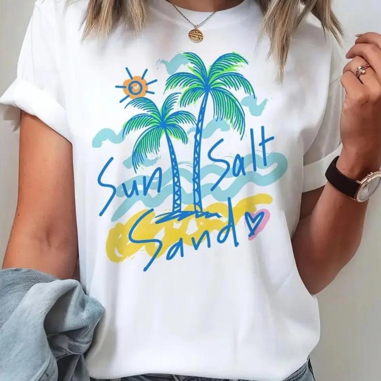 

Sun Sult Sand Summer Beach Print Summer Travel Leisure Round Neck Short Sleeved Women s Top Summer Fashion T-shirt Clothing XXXXXL білий