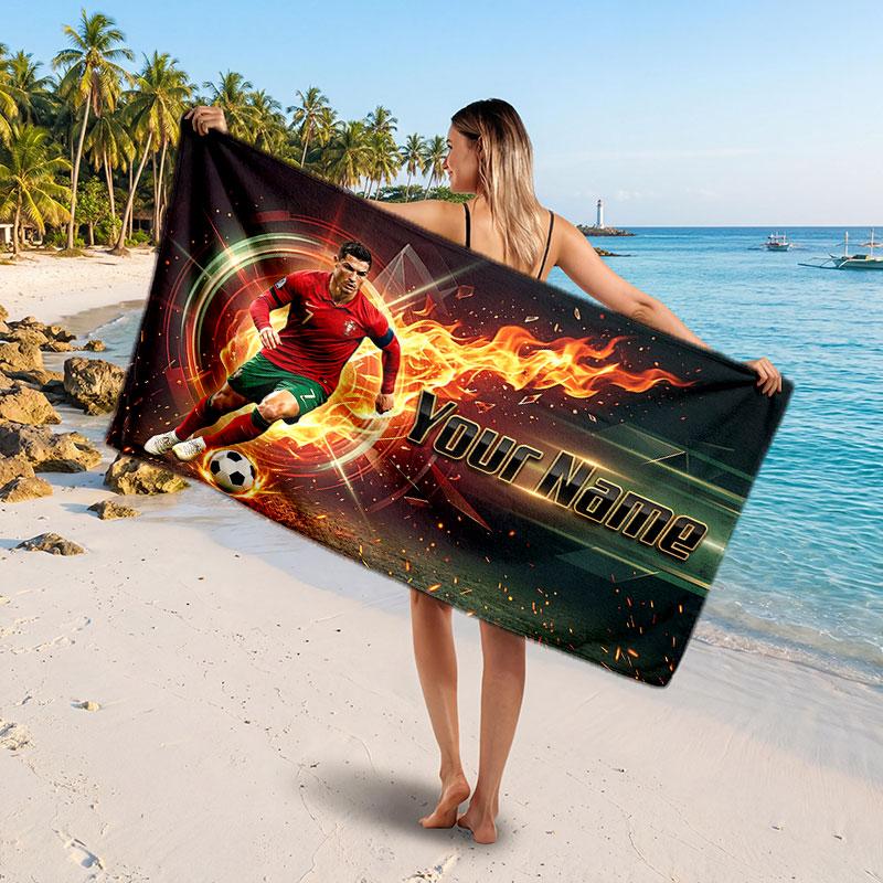 Cristiano Ronaldo Custom Beach Towel, Personalized Name Text Print, Football Logo Soft Quick‑Dry Towel Holiday Gift