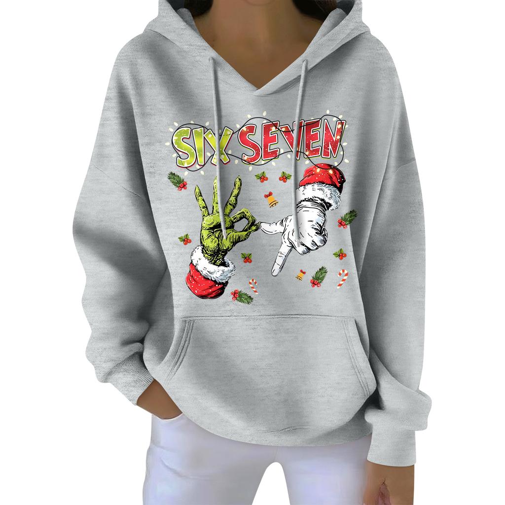 Damenmode Damen Leichter Langarmpullover mit Taschen Preppy Graphic Hoodie