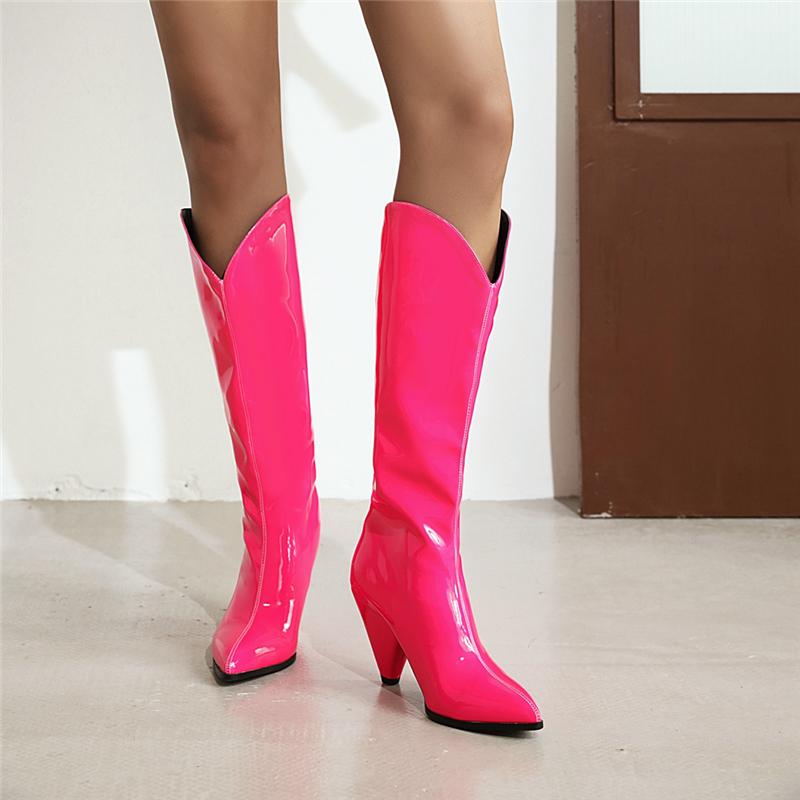 Yellow Women's High Boots Winter Shoes Fashion Western High Knee Boots Women Pink Patent Leather Party Shoes Ladies Large Size