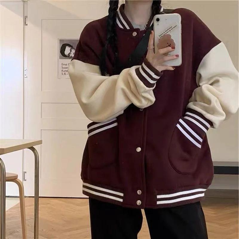 Herbst Frauen Baseball Jacke Harajuku Casual Lose Tasche Gedruckt Koreanische Übergroßen Bomber Sweatshirt Uniform Streetwear Tops